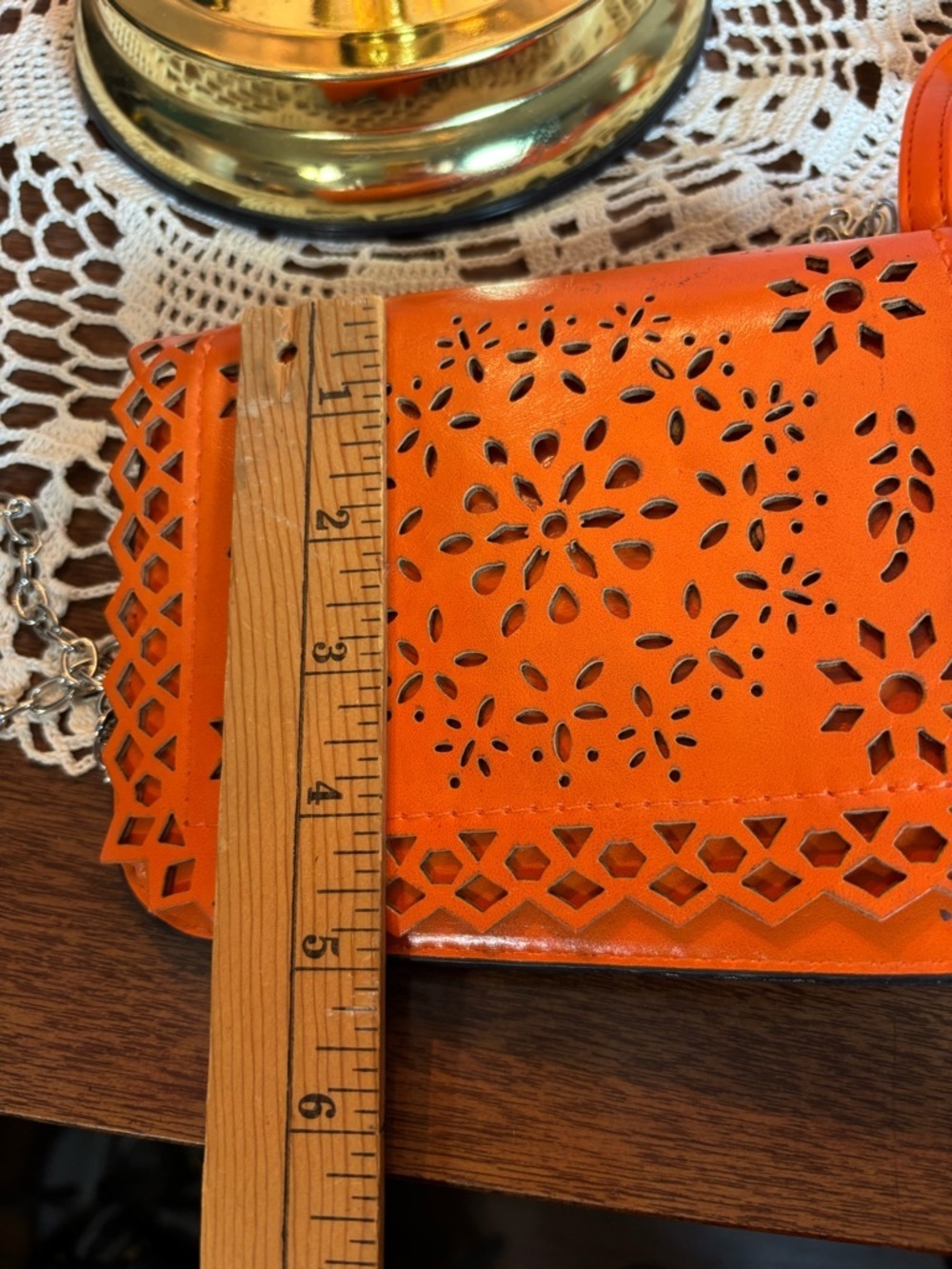 Victoria Leland Design Orange Laser-Cut Leather Crossbody Bag with Chain Strap - Picture 7 of 7